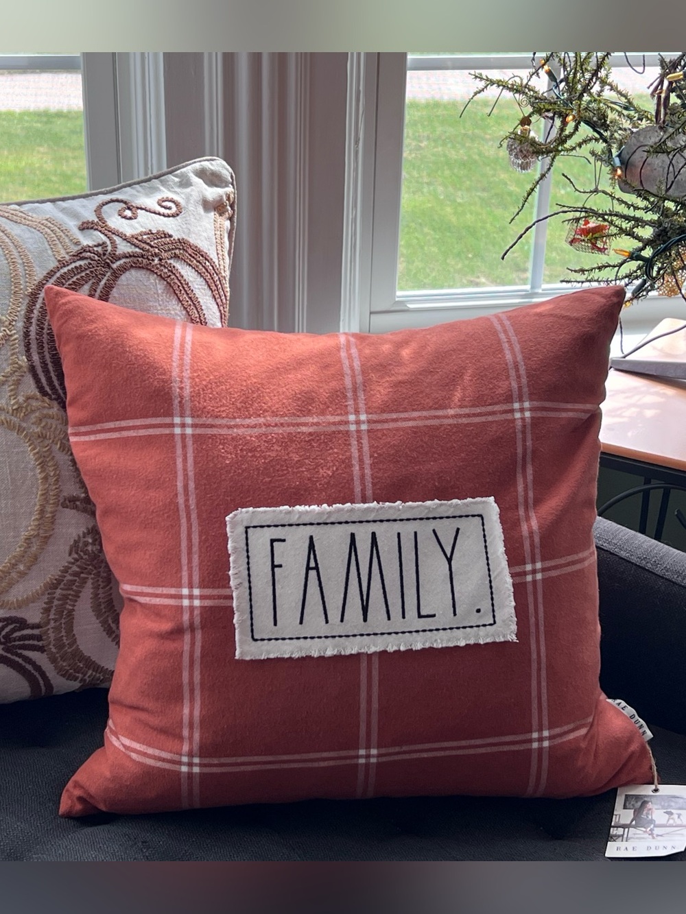Rae Dunn Orange Plaid FAMILY Pillow 🍂